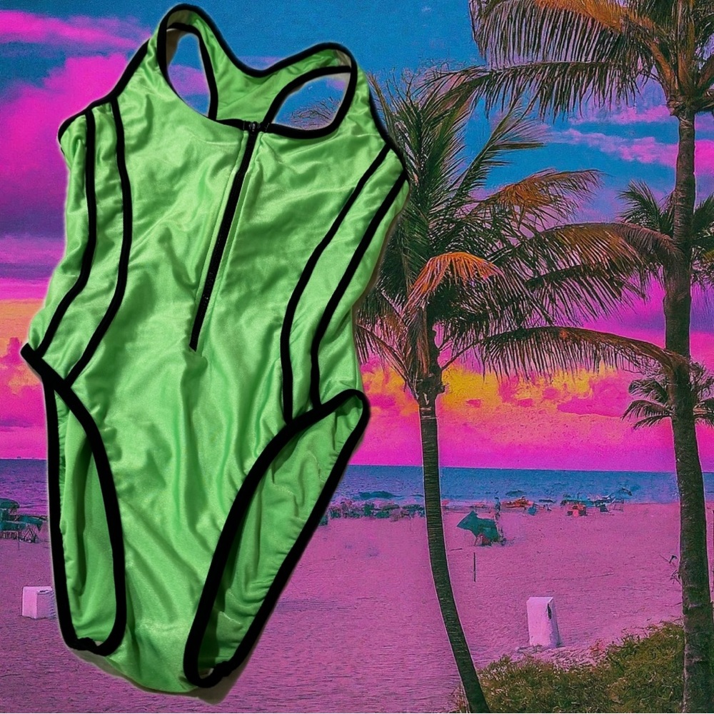 90’s Neon Green Swimsuit with some cute quarter-zip vibes
